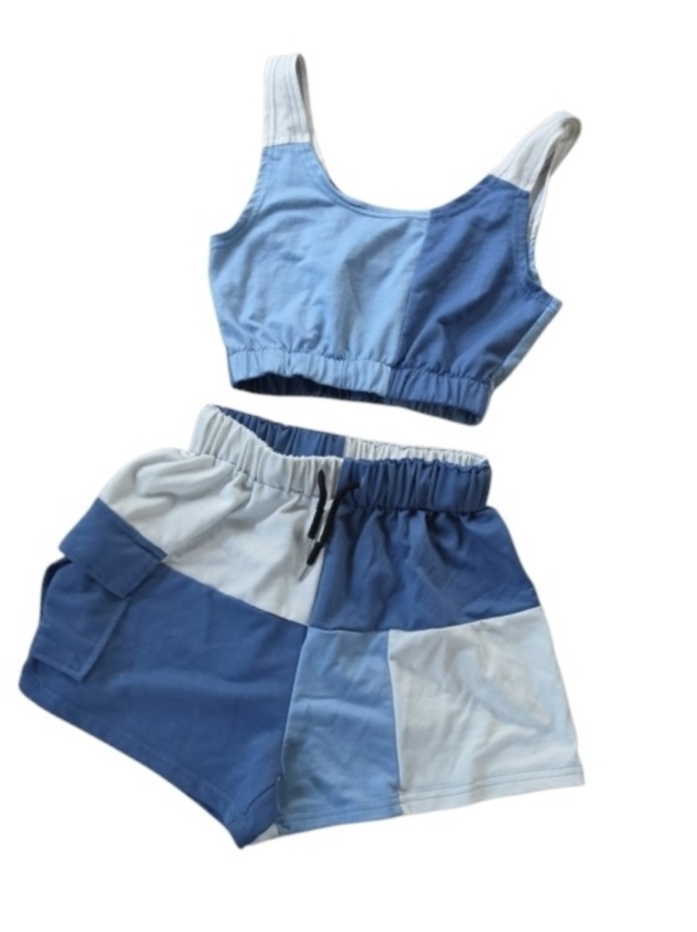 SHEIN Blue Colorblock 2 Piece Crop Top Shorts Set S